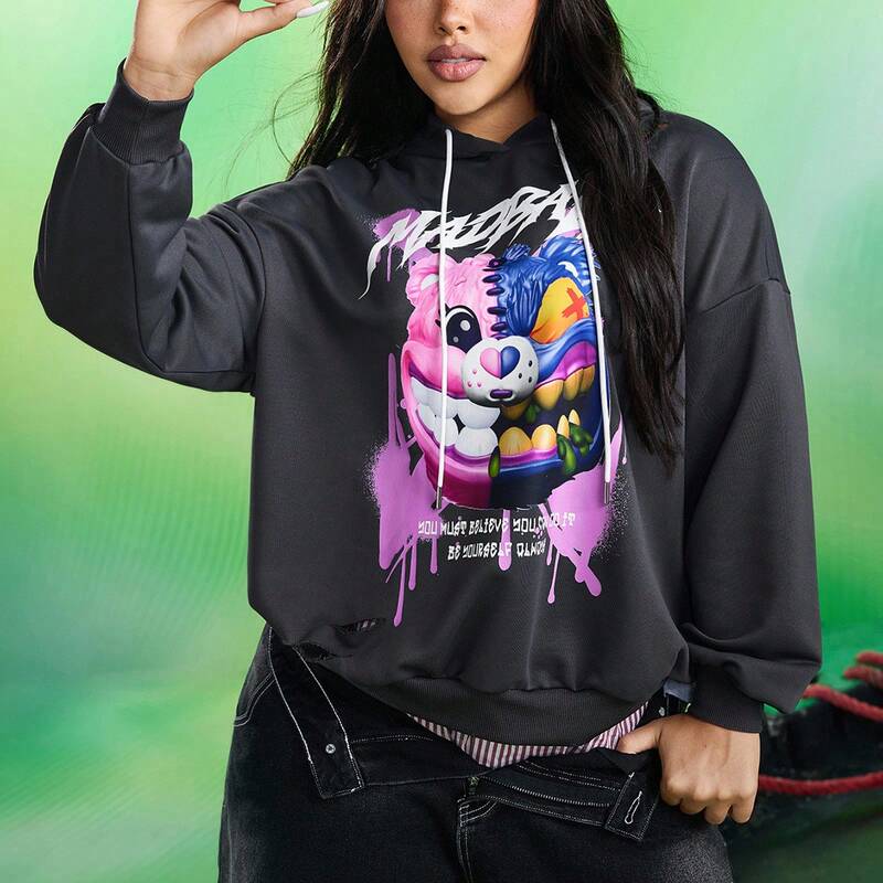 Shein Genuine Autumn Women's Plus-Size Casual Cartoon Print Drop-Shoulder Loose Drawstring Hooded Sweatshirt