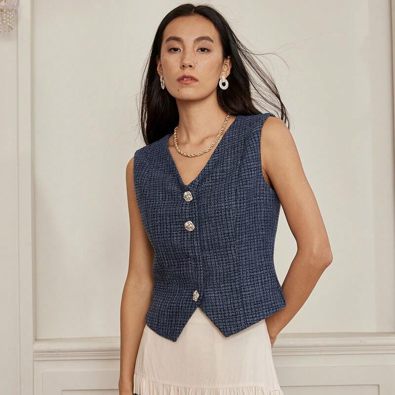 Shein Genuine Women's Elegant and Sophisticated Plaid Slim-Fit Vest with Diamond-Studded Three-Dimensional Button Embellishments Shein Genuine Women's Elegant and Sophisticated Plaid Slim-Fit Vest with Diamond-Studded Three-Dimensional Button Embellishments