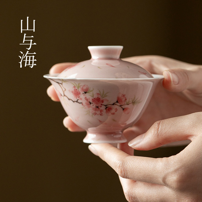 Handmade Ceramic Tall Cover Bowl, Purely Hand-Painted Peach Blossom Tea Bowl, Tea Cup That Doesn'T Burn Hands, Kung Fu Tea Set, Pink for Women Handmade Ceramic Tall Cover Bowl, Purely Hand-Painted Peach Blossom Tea Bowl, Tea Cup That Doesn'T Burn Hands, Kung Fu Tea Set, Pink for Women