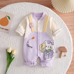 Baby Pure Cotton Spring and Autumn Clothes, Cute Cartoon Baby Girl Jumpsuit, Purple Autum Newborn Romper, Outdoor Clothing