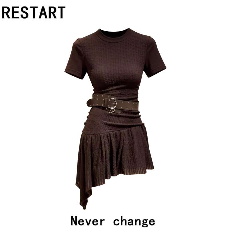 European and American High-End Style Waist-Cinching Short-Sleeve Irregular Dress for Women, 2026 Summer New Elegant Short Dress with Belt