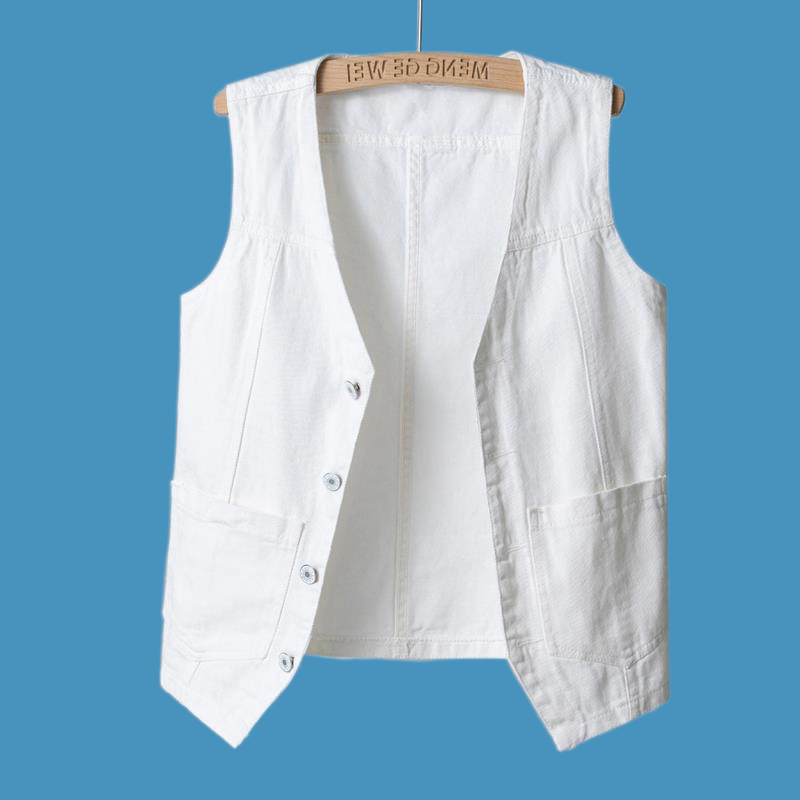 Thin Autumn White Denim Vest for Women, Short Loose Korean Style Sleeveless Jacket, Vest, Outerwear for Students