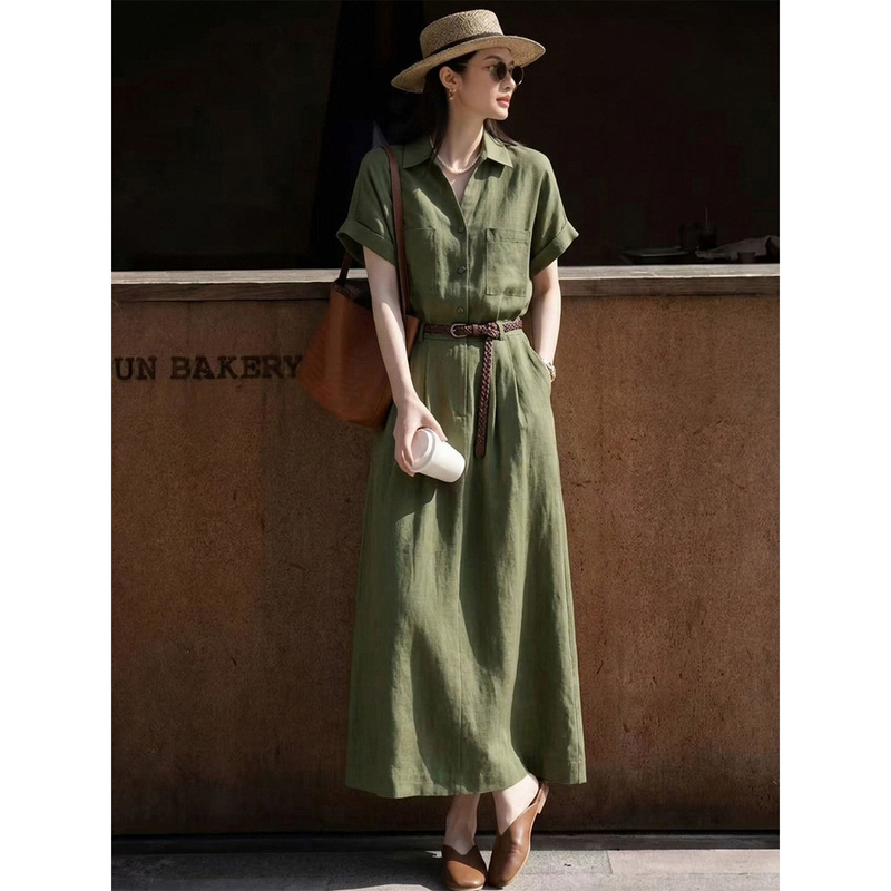 Fashionable Green Short-Sleeved Polo Collar Dress for Women 2026 Summer New Style Petite Loose Slimming Shirt Dress Fashionable Green Short-Sleeved Polo Collar Dress for Women 2026 Summer New Style Petite Loose Slimming Shirt Dress