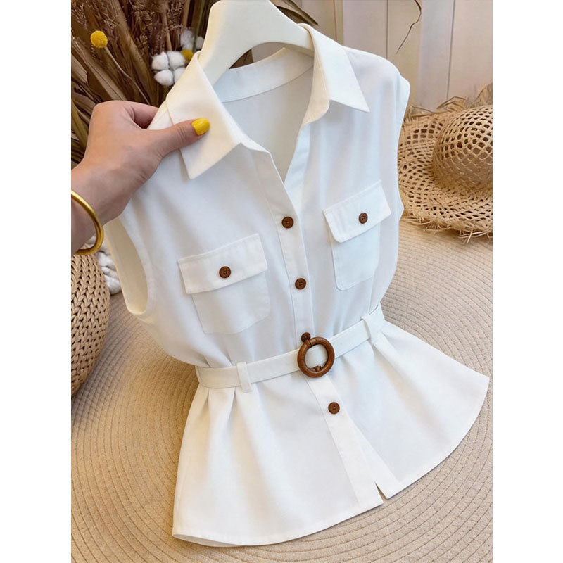 White Polo Collar Design Sleeveless Waist-Cinching Shirt for Women 2026 Trendy Old Money Style Slimming Top