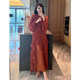 Heavy industry wooden ear dress 2023 autumn new style niche design irregular lantern sleeve long skirt women