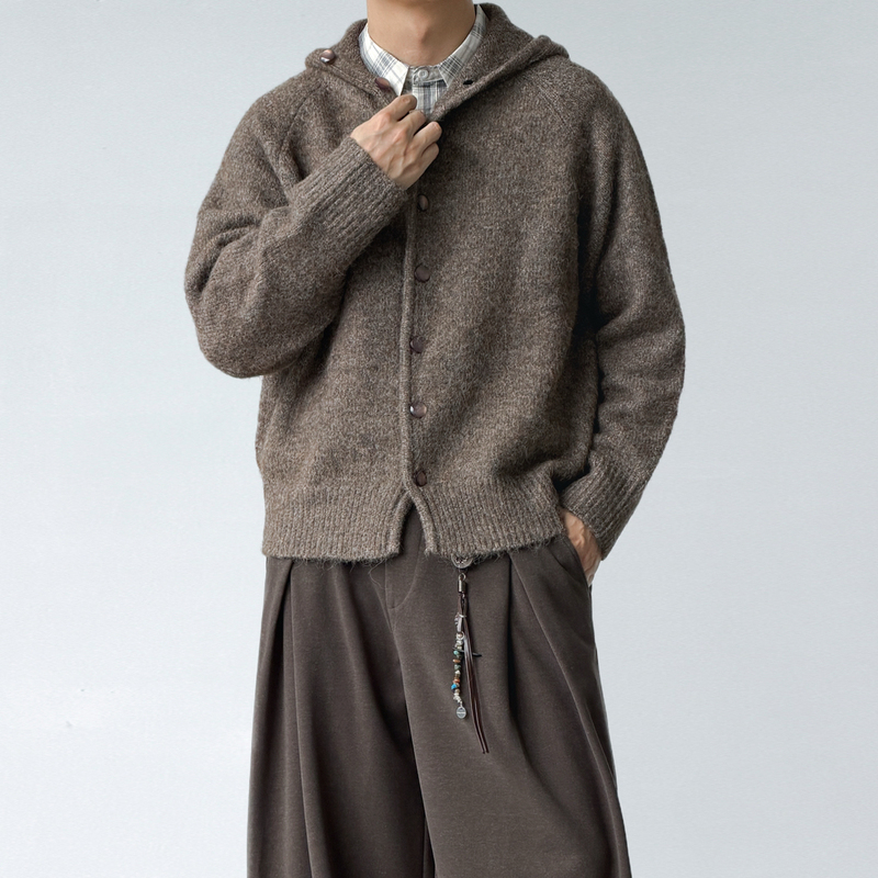 Bromad'Cat's Eye Button' Relaxed Hooded Sweater Wool Blend Vintage Lazy Style Knitted Cardigan
