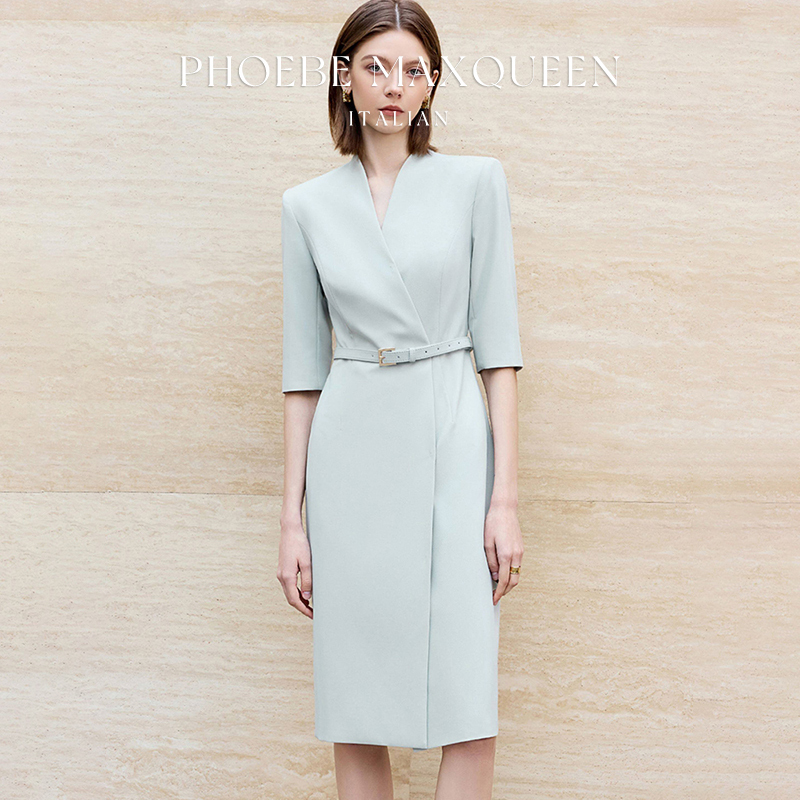 Italian Maxqueen Blue Solid Color Suit Commuter Professional Women's Dress Summer New Slim Fit Formal Wear