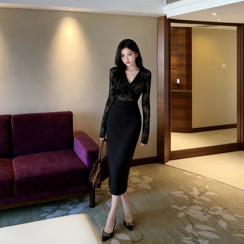 Girlsat18 Mature Lace Black Long-Sleeved Dress for Women, Autumn High-End Sexy Slim-Fit Long Dress