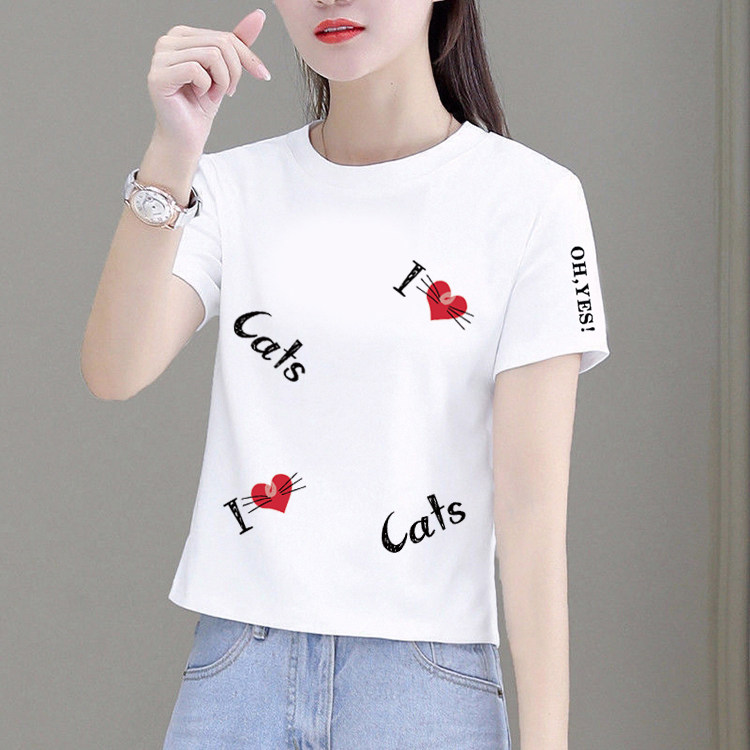 纯棉短袖t恤女夏季新款韩版宽松显瘦百搭印花圆领短款上衣体恤衫