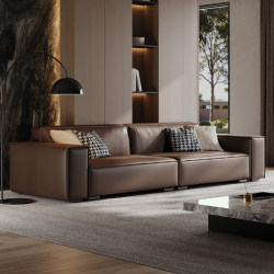 Italian-Style Light Luxury Minimalist Tofu Block Leather Sofa for Small Living Rooms, Modern Simple Straight-Row Chaise Longue Black Sofa