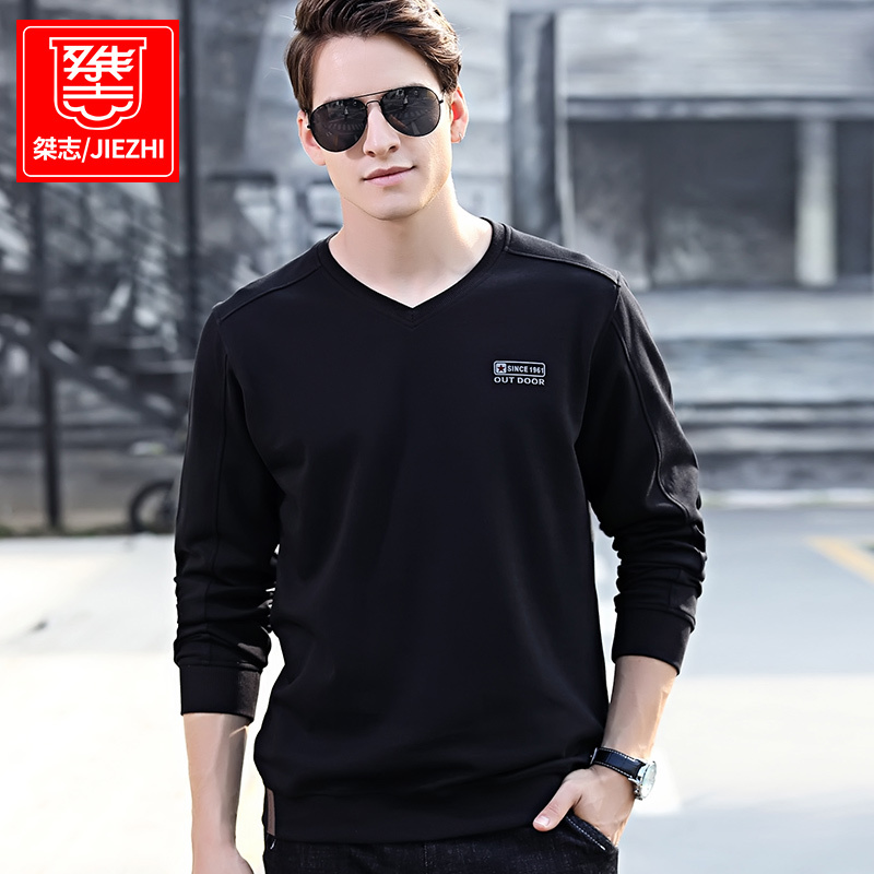 New Men's T-Shirt Spring Sweatshirt Men's Long-Sleeved T-Shirt V-Neck Pullover Top Loose Casual Cotton T-Shirt Trendy