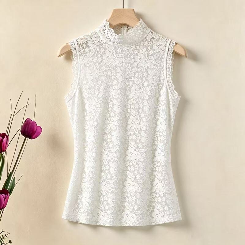 French-Style Half-High Collar Hollow Lace Vest for Women, Sleeveless, Slim Fit, Versatile, Fake Collar, Layered under Suit or Coat