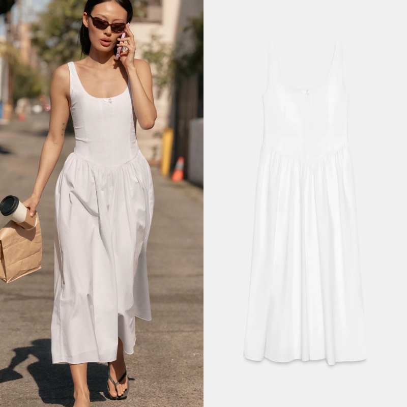 Za Home 2026 Summer Corset-Style Midi Strap Bowknot White Sweet Dress for Women 2804035