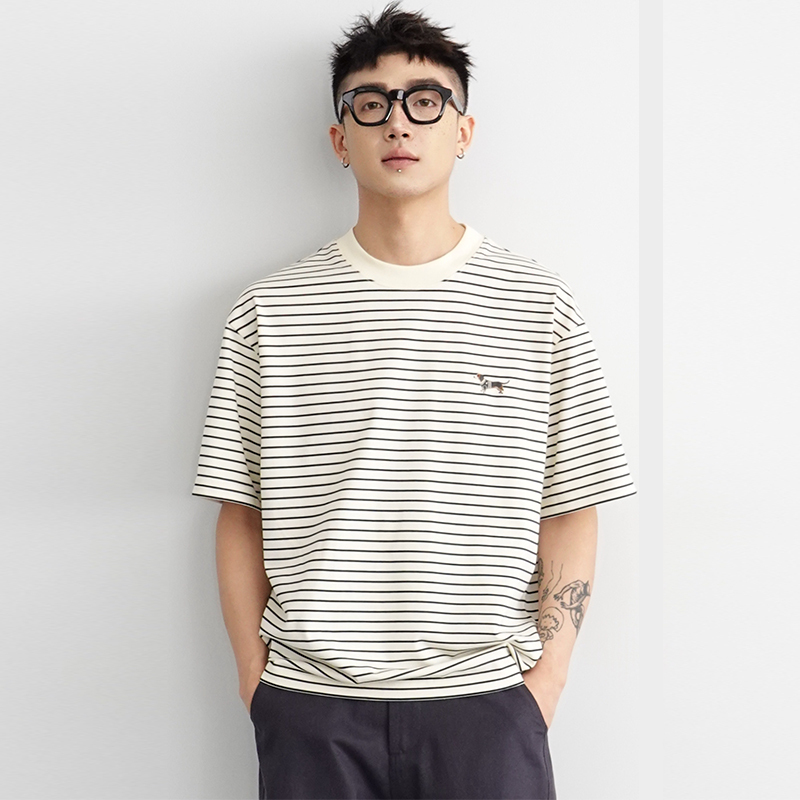 Pipipak Heavy Cotton Ammonia-Dyed Dachshund Embroidery Casual Everyday Short-Sleeve Striped T-Shirt Versatile for Summer