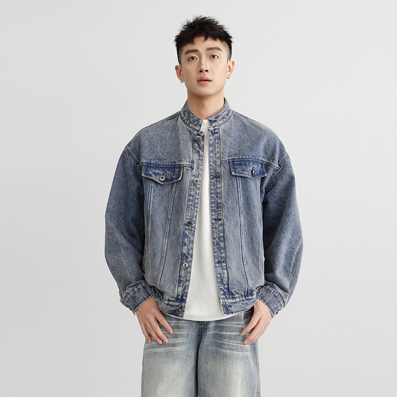 Labeiti Spring/Summer Maisonm Gila Style Minimalist Small Stand Collar Classic Washed Denim Jacket Trendy