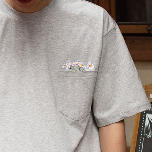 Hungry Artist Gray Chinese-Style Floral Embroidered Pocket Short-Sleeve T-Shirt Summer Cool Retro Heavyweight Top