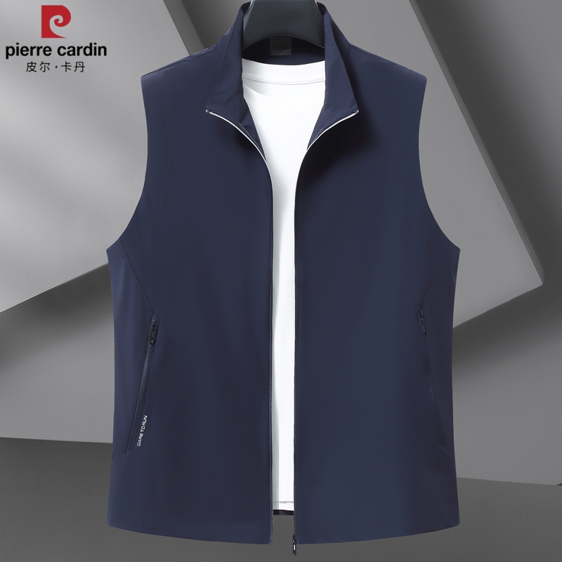 Pierre Cardin Genuine Vest Men's Summer Stand-Up Collar Sleeveless Vest Casual Waistoutwear Plus Size Ice Silk Vest Jacket