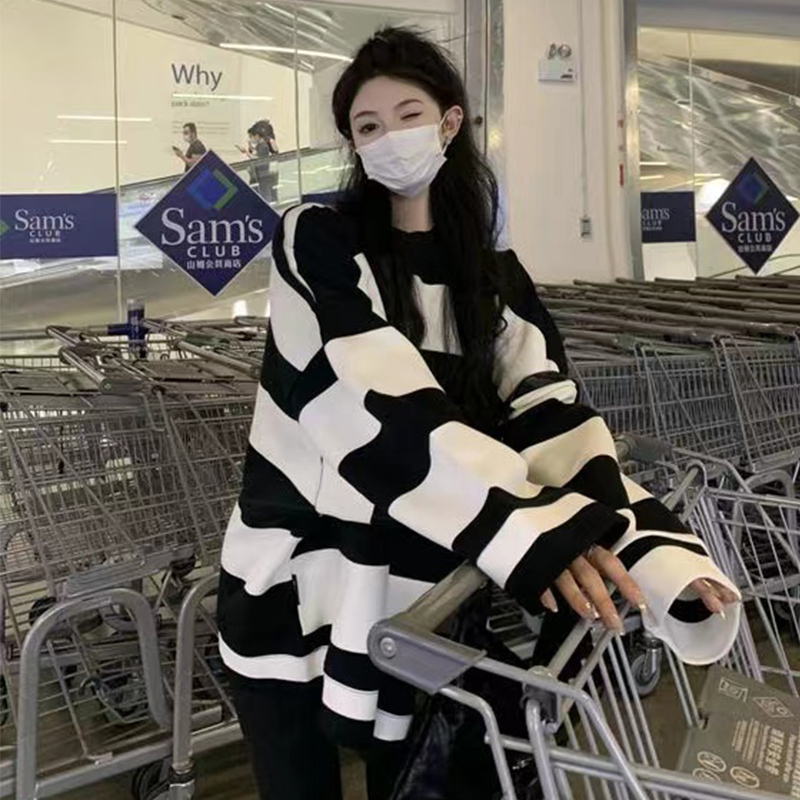 150kg Bf Lazy Style Plus Size Women's Clothing Fat mm Striped Top Women's Oversize Spring & Fall Sweatshirt Loose Jacket 150kg Bf Lazy Style Plus Size Women's Clothing Fat mm Striped Top Women's Oversize Spring & Fall Sweatshirt Loose Jacket