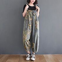 Casual Oversized Print Floral Denim Overalls For Women Loose