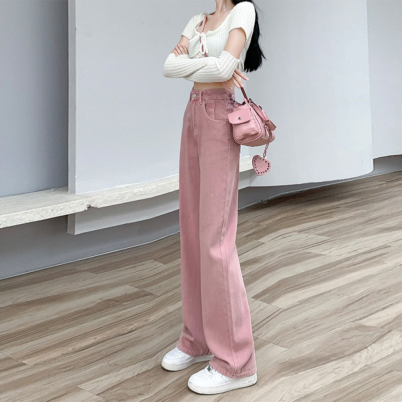 Dirty Pink Slim Wide-Leg Straight Jeans for Women 2026 Spring and Autumn New Popular Style Petite Ladies' Drapey Pants