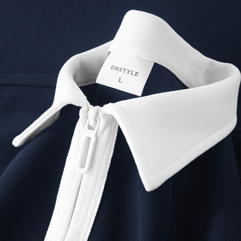American College Style! Navy Blue Pique Cotton Color-Block Polo Shirt for Women with a Unique Design, Half-Zip Collar, Short-Sleeve T-Shirt