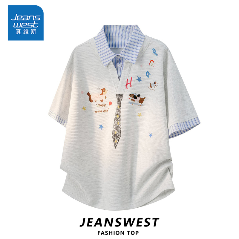 [Zhang Ruonan Endorsement] Jeanswest Summer Graffiti Tie Fake Two-Piece Short-Sleeve Unisex College Style Polo Shirt Trendy