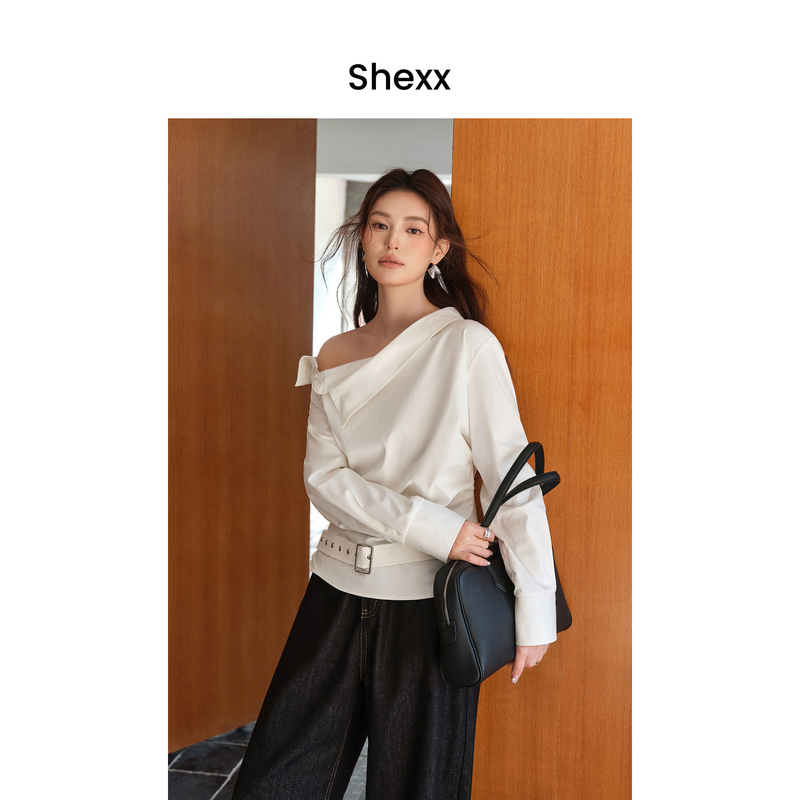 Shexx Plus-Size Women's Clothing 26Ss Stylish Lapel Off-Shoulder Top with Belt, Waist-Cinching, Elegant and Slimming Shirt