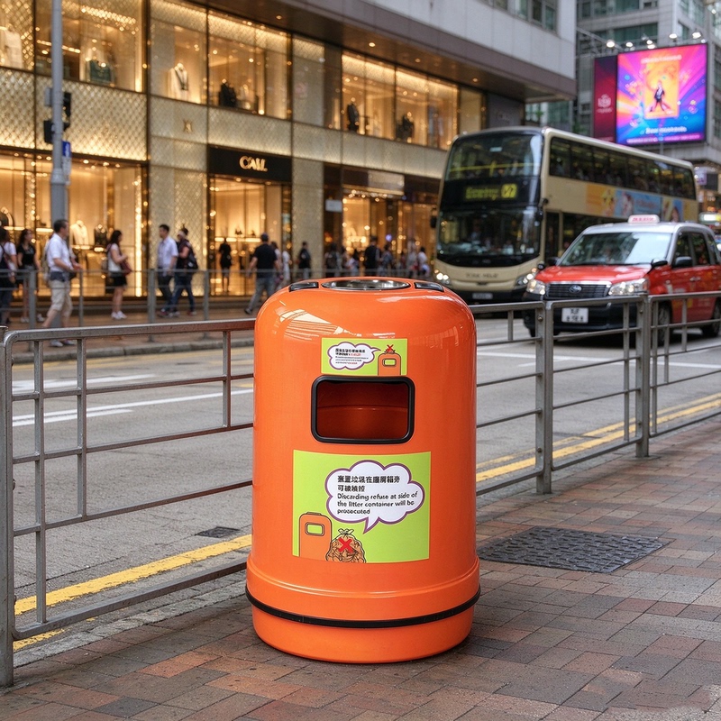 130L Large-Capacity Hong Kong Street Trash Bin, Fiberglass Waste Bin, Orange Color with Ashtray