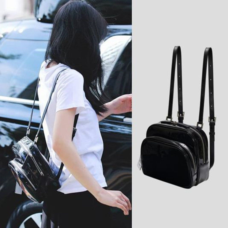 Yami LAOSHU Korean Niche Design Backpack, Japanese Style Jennie Same Model, Shiny Mirror Patent Leather for Women, Black Rose