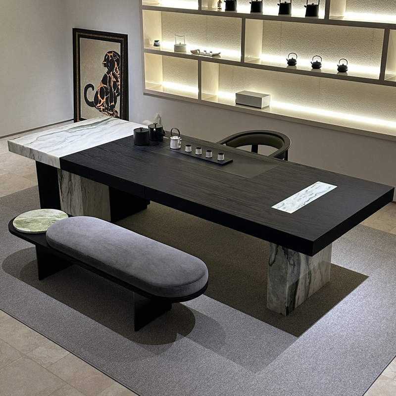 Italian Minimalist Marble Solid Wood Tea Table, Modern Light Luxury Designer Tea Table, Oak Reception and Office Negotiation Table