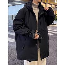 Zhiwei Down Jacket Mens Medium Long White Duck Down Windbreaker Hooded Loose Casual Solid Color Jacket Warm Trendy Clothing