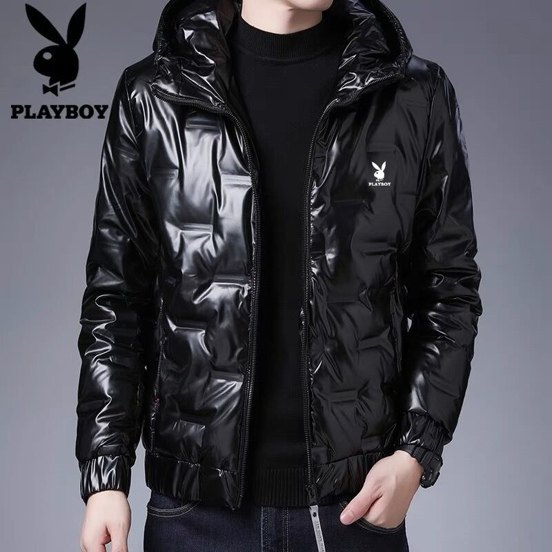 Playboy New Trendy Duck down Men's Jacket, Glossy Popular Men's White Hooded Stand Collar Winter Warm Coat