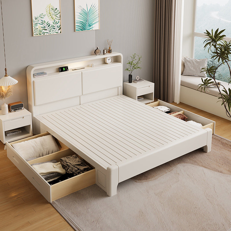 Nordic Cream-Style White Solid Wood Bed with Lights and USB for Home Use, Suitable for Large and Small Households, 1.8m Double Beds, Modern and Simple