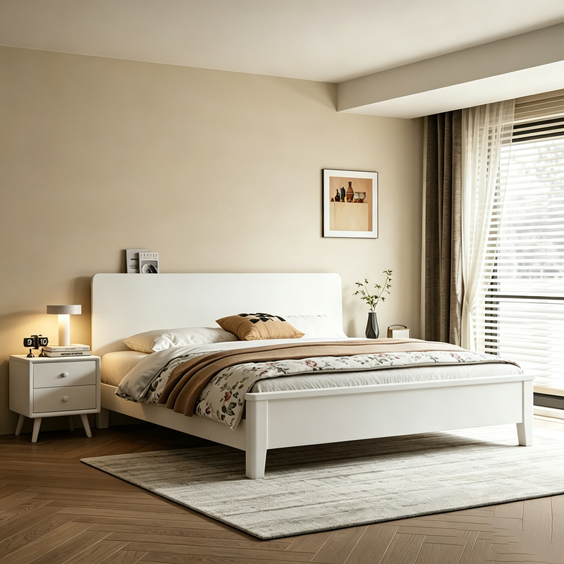 Modern Minimalist Solid Wood Bed European-Style Cream Color 2X 2.2m Large Bed Master Bedroom Flush-Side Bed 1.8m Double Bed