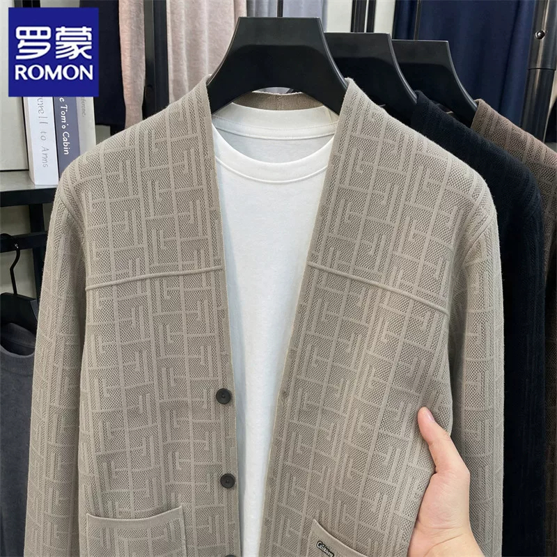 Romon Men's Jacquard Knit Jacket 2026 Autumn V-Neck Cardigan for Middle-Aged Men, Loose Casual Outerwear Sweater Cardigan