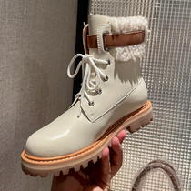 Leather White strapped Martin boots women winter plus velvet padded short boots northeast big cotton boots warm wool snow boots