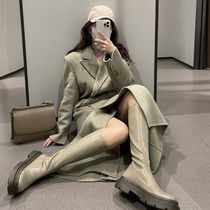 Green leather round head thick bottom boots Net red slim white tall Knight boots small stretch thin boots