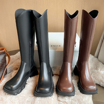 Small square head boots womens leather brown boots thin high boots thick soled Knight boots v mouth western boots