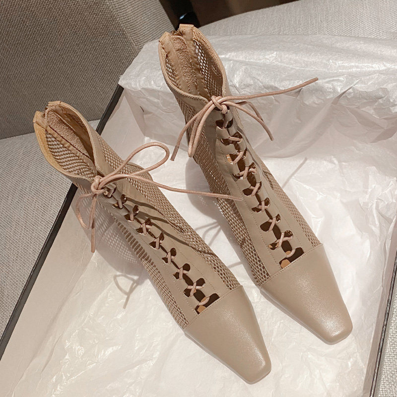 Leather small square head thick heel high heel mesh boots women summer sexy hollow mesh short boots strap sandals high barrel mesh shoes