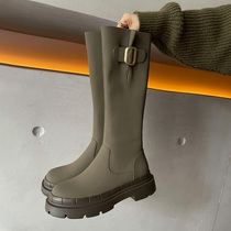 Leather thick-soled boots show skinny high tube Knight boots female thick legs fat mm adjustable tube encirclement green boots plus Velvet