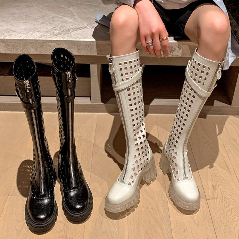 Leather block heel high boots spring mesh boots white boots mesh high heels boots cutout boots women's summer new model