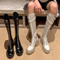Real leather coarse heel high cylinder cool boots spring style net boots white long cylinder boots mesh high heel boot hollow long boots female summer new