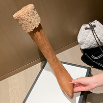 Leather pointed thick high heel boots female winter plus velvet brown boots thin high boots Lamb hair northeast cotton boots