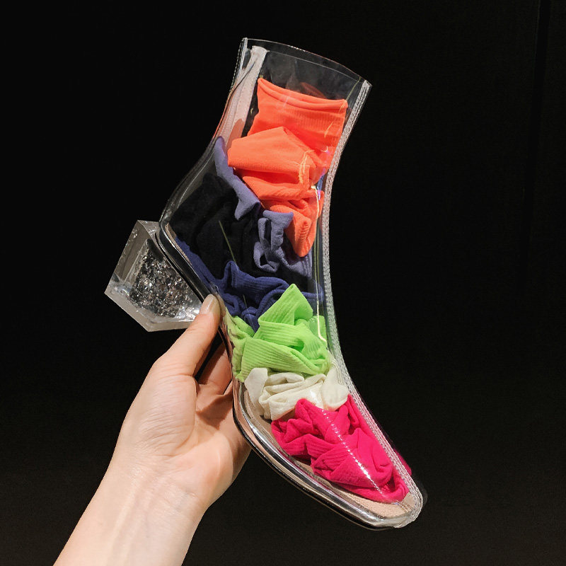 Candy color boots women's block heel transparent boots summer sandals sexy socks boots crystal heel nightclub square head high heels