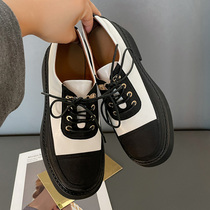 Leather round head thick sole leather shoes panda color sweet cool single shoes women 2022 new British lace black and white color color shoes