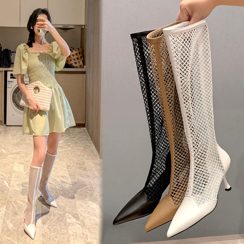 Net red thin pointed toe stiletto high-heeled boots women's summer hollow mesh sandals long tube sandals white high tube mesh boots