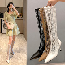 Net red display slim custard fine heels with long boots female summer hollowed-out mesh yarn cool boots Long cylinder sandals white high cylinder mesh boots