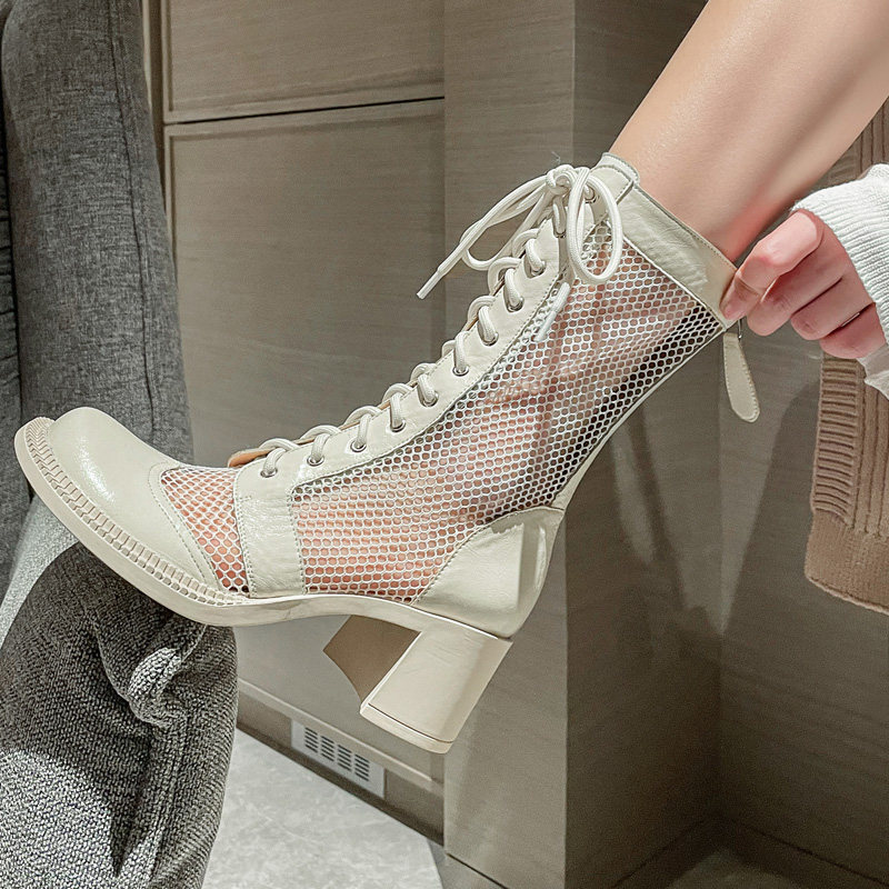 White Martin boots summer thin women's Japanese jk shoes thick heels high-heeled net boots hollow boots leather mesh sandals