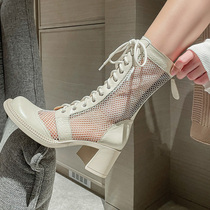 White Martin Boots Summer Thin Ladies Day Ensemble Jk Shoes Coarse Heel High Heel Mesh Boots Hollowed-out Boots Genuine Leather Mesh Yarn Cool Boots