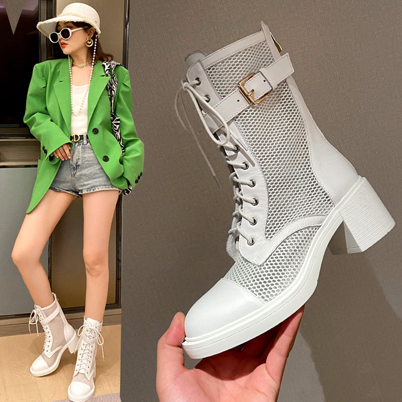 Genuine leather coarse heel mesh yarn cool boots hollowed-out short boots High heel Martin boots Summer thin women's white tennis boots Roman sandals